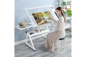 Roockky Drafting Table, 0-75° Tilting Glass Tabletop Drawing Table with Stool - Adjustable Height Art Desk with Multi-Storage for Sketching and Painting - Perfect for Artists and Hobbyists, White