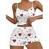 Hilinker Womens Graphic 2 Piece Pajama Set Summer Cute Crop Cami and Shorts Ribbed Lounge Sets