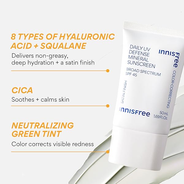 INNISFREE DAILY UV DEFENSE MINERAL SUNSCREEN BROAD SPECTRUM SPF 45 WITH HYALURONIC ACID, KOREAN SUNSCREEN FOR FACE WITH COLOR CORRECTING GREEN TINT
