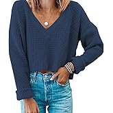 Jumppmile Womens V Neck Waffle Knit Cropped Top Long Sleeve Pullover Crop Sweater