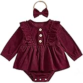 Karuedoo Newborn Infant Baby Girl Christmas Outfit Corduroy Ruffle Long Sleeve Romper Dress Tutu Jumpsuit with Headband