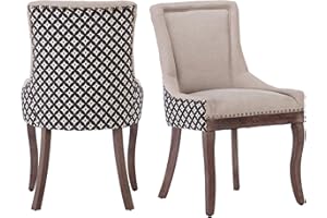 Aoowow Fabric Vintage Upholstered Side Chairs Set of 2, Farmhouse Solid Wood Kitchen Dining Room Chairs with Nailheads Legs (Fabric Beige Patterned)