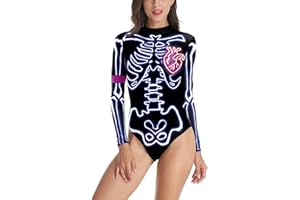 Timemory Halloween Women Digital Skeleton Tight One-piece Swimsuit with Zip-Back