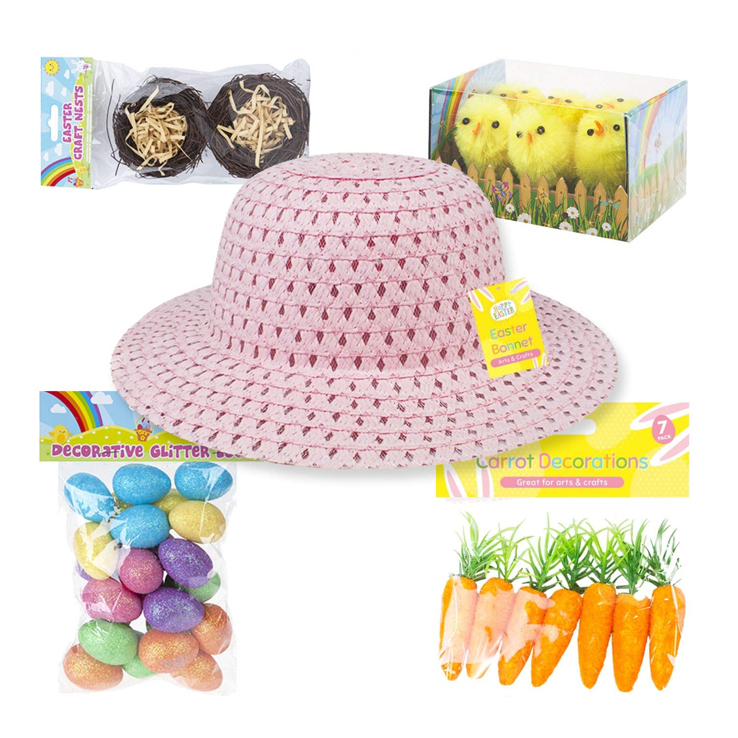 Kids Easter Bonnet Kit | Easter Bonnet Set Make Your Own Easter Bonnet Hat | Easter Eggs Chicks Carrots Craft Nests with Bonnet Hat | 32Pcs | Easter Bonnet Decoration Craft Supplies (Pink)