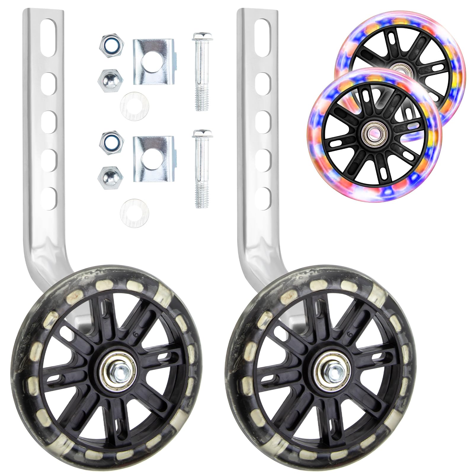 NONMON Kids Bike Stabilisers for Childs Bicycle Support Training Wheels 12 14 16 18 20 Inch Flash Wheels with Adjustable Bicycle Stabiliser Mounted Kit for Boys Girls, Black