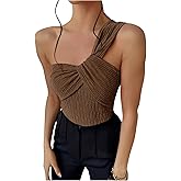 OYOANGLE Women's Textured One Shoulder Going Out Bodysuit Tops Twist Front Ruched Sleeveless Tank Top Body Suits