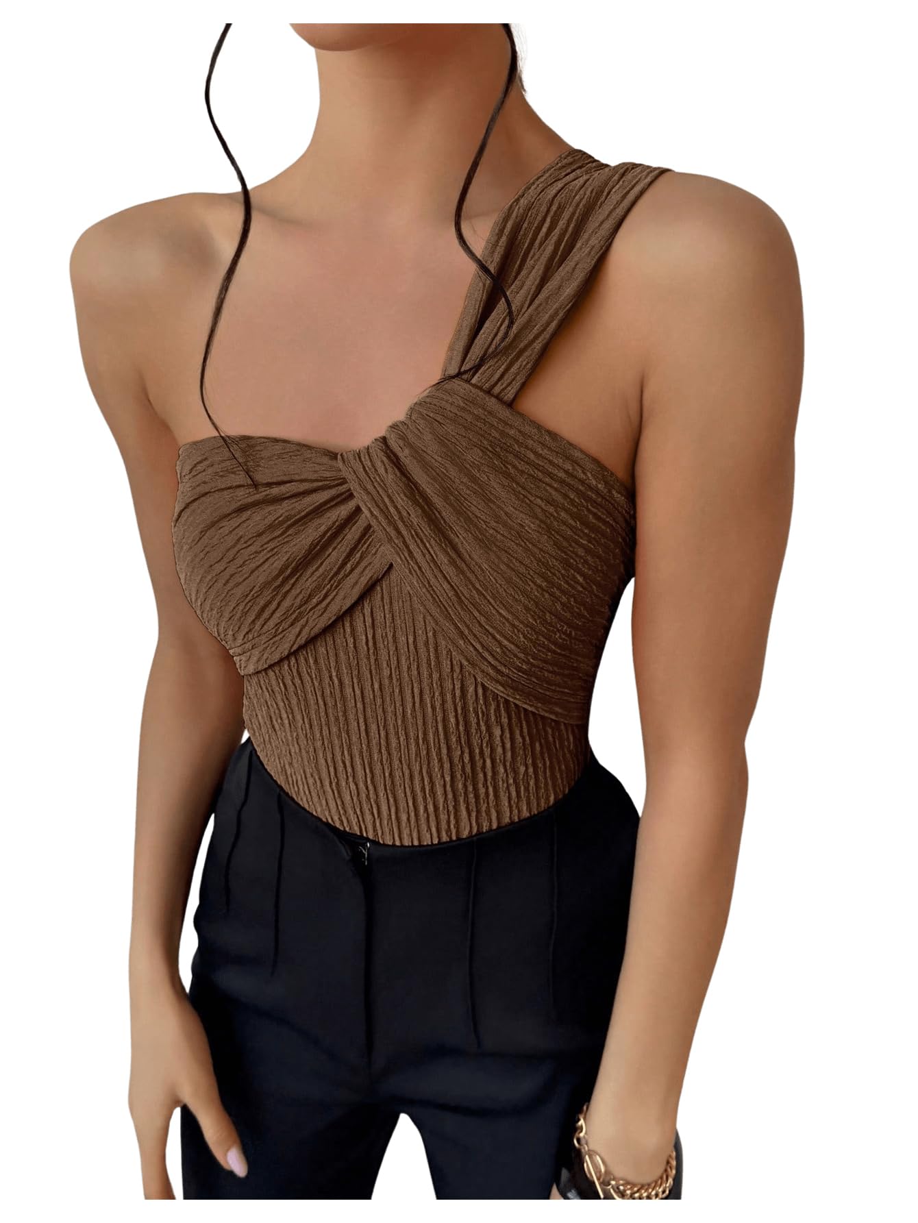 Photo 1 of OYOANGLE Women's Textured One Shoulder Twist Front Ruched Bodysuit Sleeveless Tank Top Body Suits Brown Large