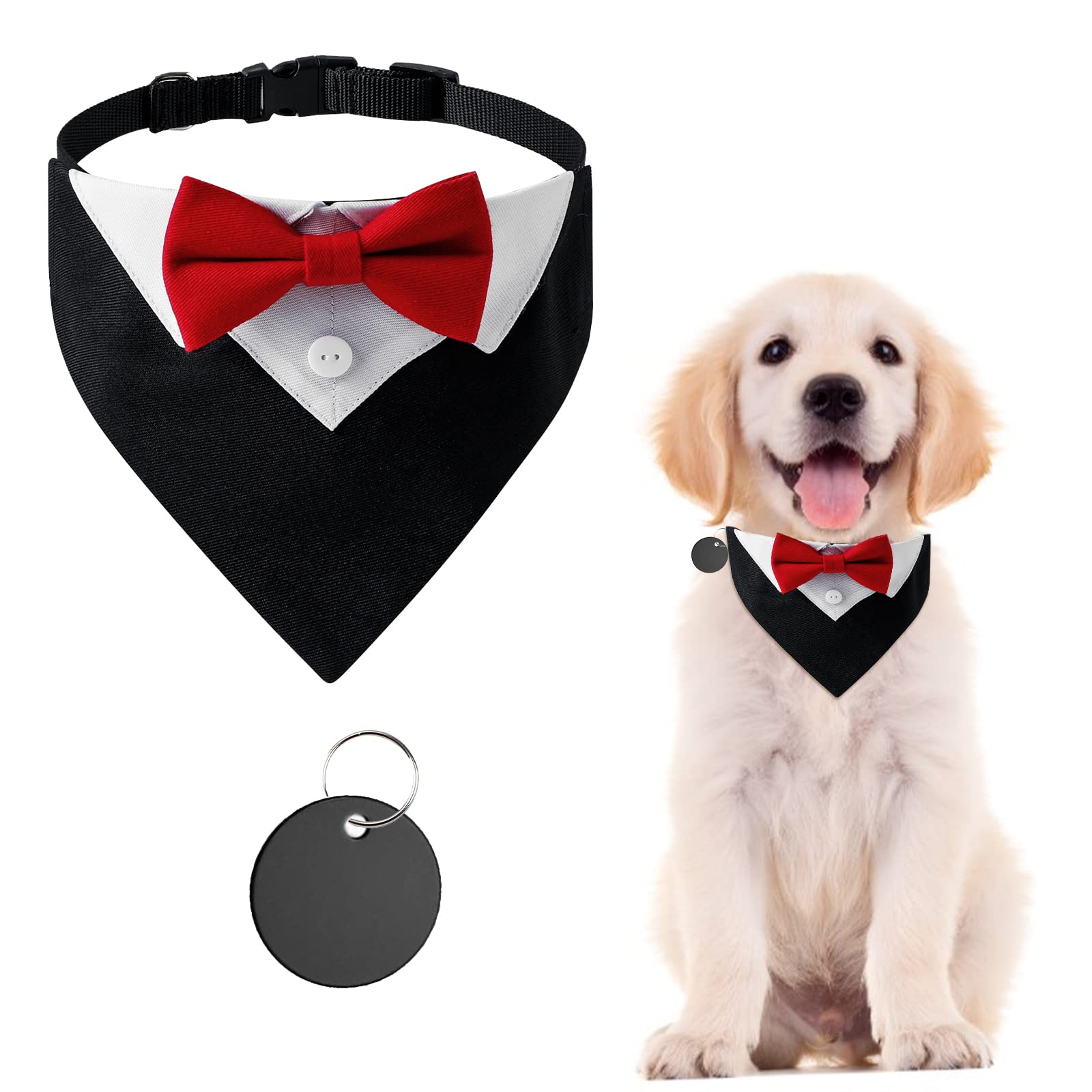 URROMA Red Formal Tuxedo Bandana, Cotton Wedding Collar With Bow Tie and Neck Tie for Dogs and Cats, M