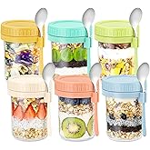 DRKIO 6 Pack Overnight Oats Containers with Lids and Spoons 16 Oz Glass Mason Jars for Overnight Oats Leak Proof Oatmeal Container Great for Cereal Fruit Vegetable Milk Salad Yogurt Meal Prep