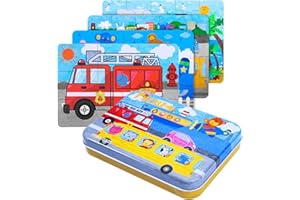 JMANNI Puzzles for 3 4 5 6 Year Olds, 4-in-1 Vehicle Theme Jigsaw Puzzles with Iron Box for Storage, Vehicle Toys Gifts for B