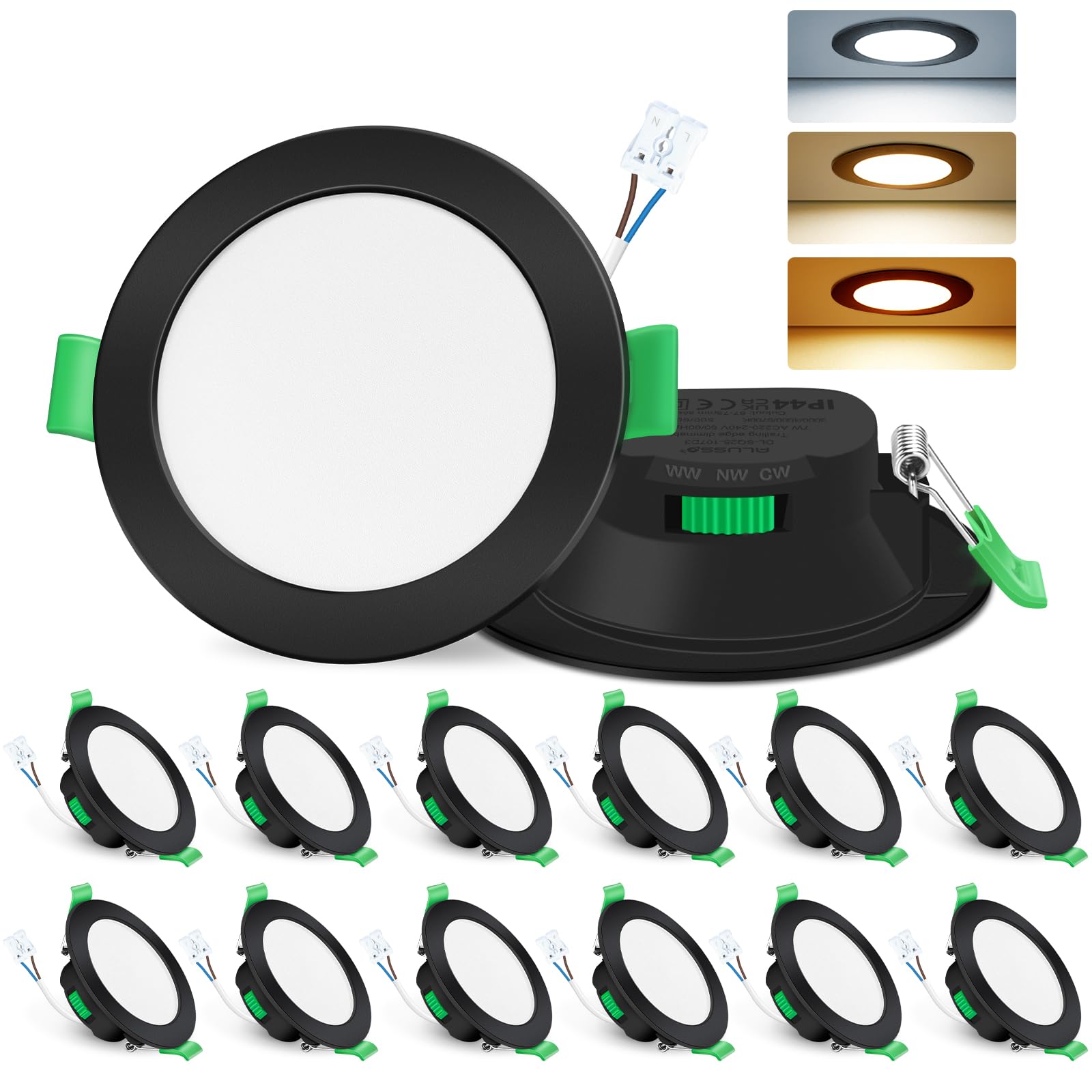 ALUSSO Black LED Downlights Ceiling Dimmable 7W Slim LED Recessed Ceiling Lights IP44 Bathroom Spotlights Ceiling Lights, 3000K Warm 4000K Neutral 6500K Cool Adjustable Spot Lights, 12Pack