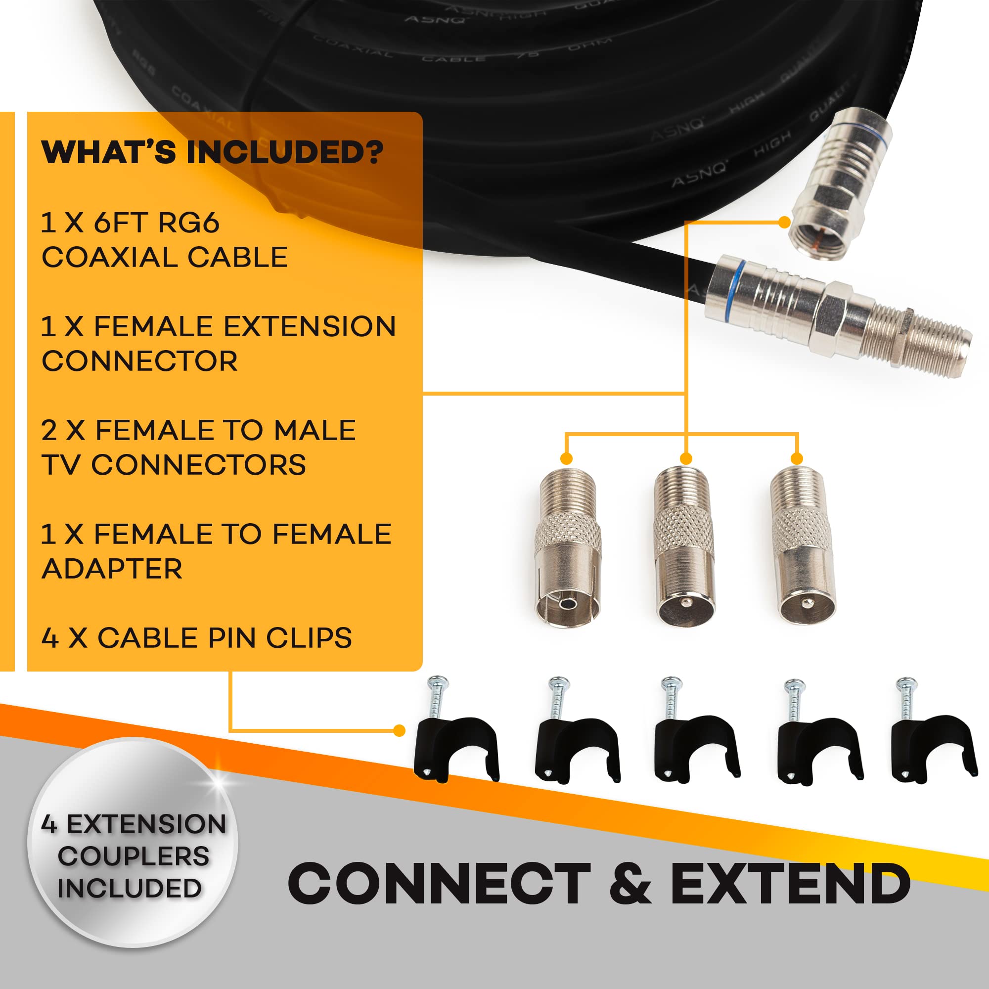 ASNQ RG6 Koaxialkabel-Verbinder-Set 2m - Verlängerung für Sat Kabel und Antennenkabel für Highspeed-Internet, Breitband-/ Digital TV - RG6 Pressverbinder - Digitales Audiokabel Koaxialkabel 6