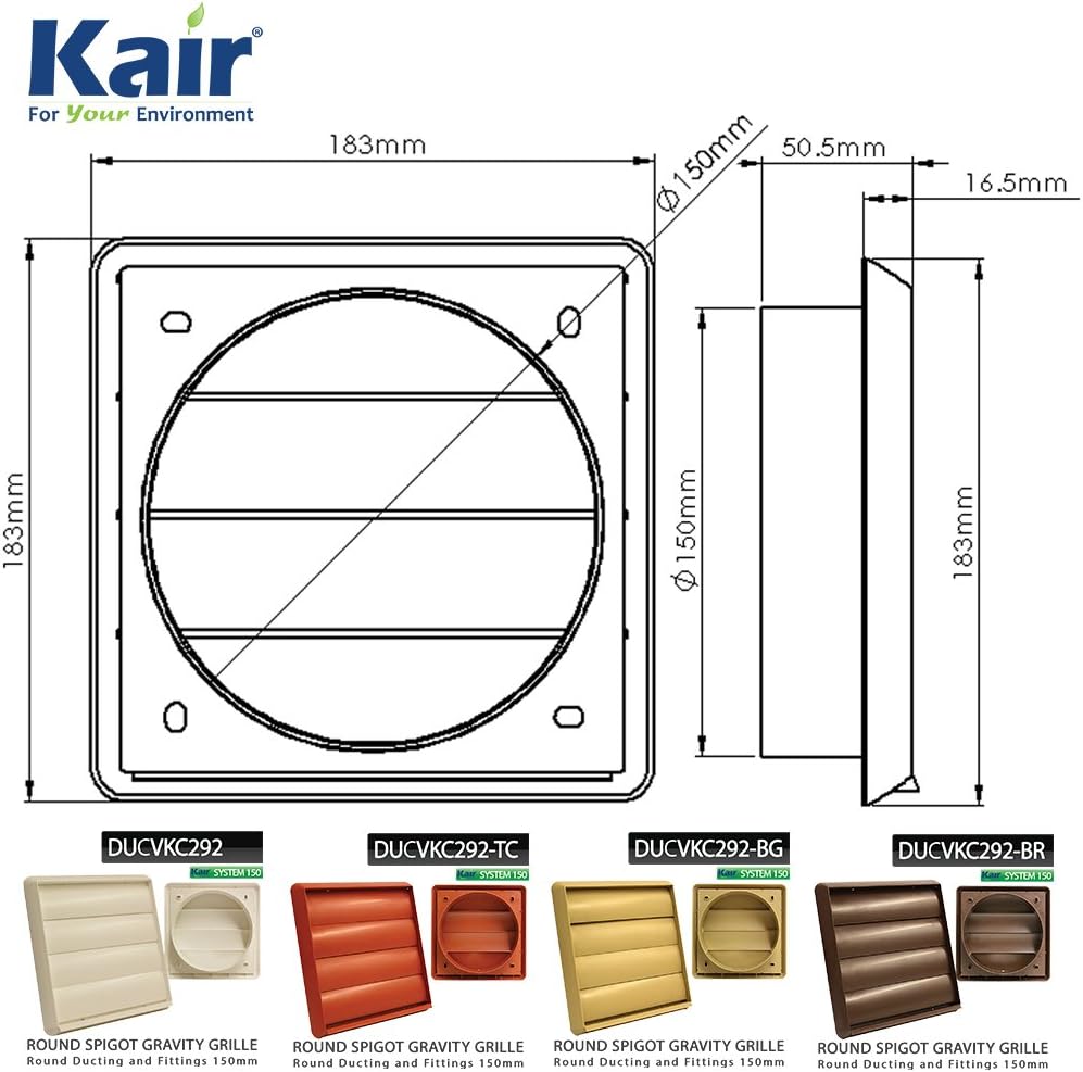 Kair Beige 150mm Louvred Wall Vent Grille - 150mm / 6 Inch Round Rear Spigot & 183mm Front Cover - Backdraught Prevention Shutter Flaps - Image 4