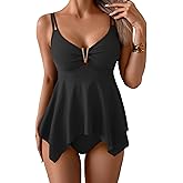 Aidonger Tankini Swimsuit for Women Tummy Control Two Piece Bathing Suit V Wire Neck Swimwear Flowy Swim Top with Bottom