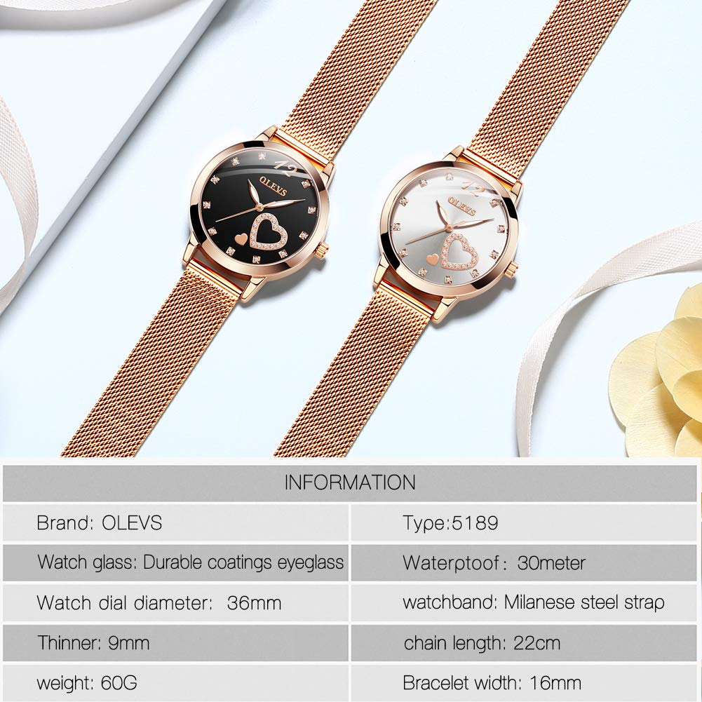 OLEVS Women's Rose Gold Watches Heart Diamond Japanese Quartz Movement Ladies Wristwatch Big Face Waterproof Mesh Belt Watch and Bracelet Set, Rose gold band and White dial, casual watch for women