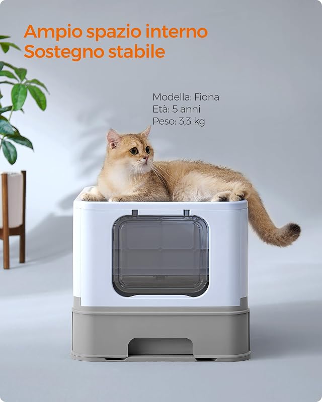 Lettiera per Gatti Nascosta, Casetta per Lettiera, Vassoio Estraibile, Paletta, Spazzola, Ampio per Gatti Grandi, Portata 15 kg, Meno Tracce, Blu Pallido e Grigio Tortora PPT001Q01