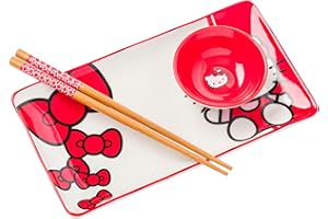 Silver Buffalo Sanrio Hello Kitty Red and White Bow Ceramic Sushi Set with Dipping Sauce Dish and Matching Chopsticks