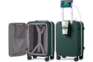 mixi Carry On Luggage with Cup Phone Holder and Charger Hard Shell Suitcases with Spinner Wheels,20 Inch Blackish Green