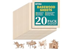 MITINU 20 Pack Basswood Sheets for Crafts,12"x12"x1/8" 3mm Thick Plywood Sheets with Smooth Surfaces-Unfinished Squares Wood Boards for Laser Cutting, Wood Burning, Architectural Models, Staining