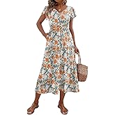 Zeagoo Women's Summer Casual Dress Flutter Short Sleeve V Neck Button Down Tiered Flowy Long Dress with Pockets