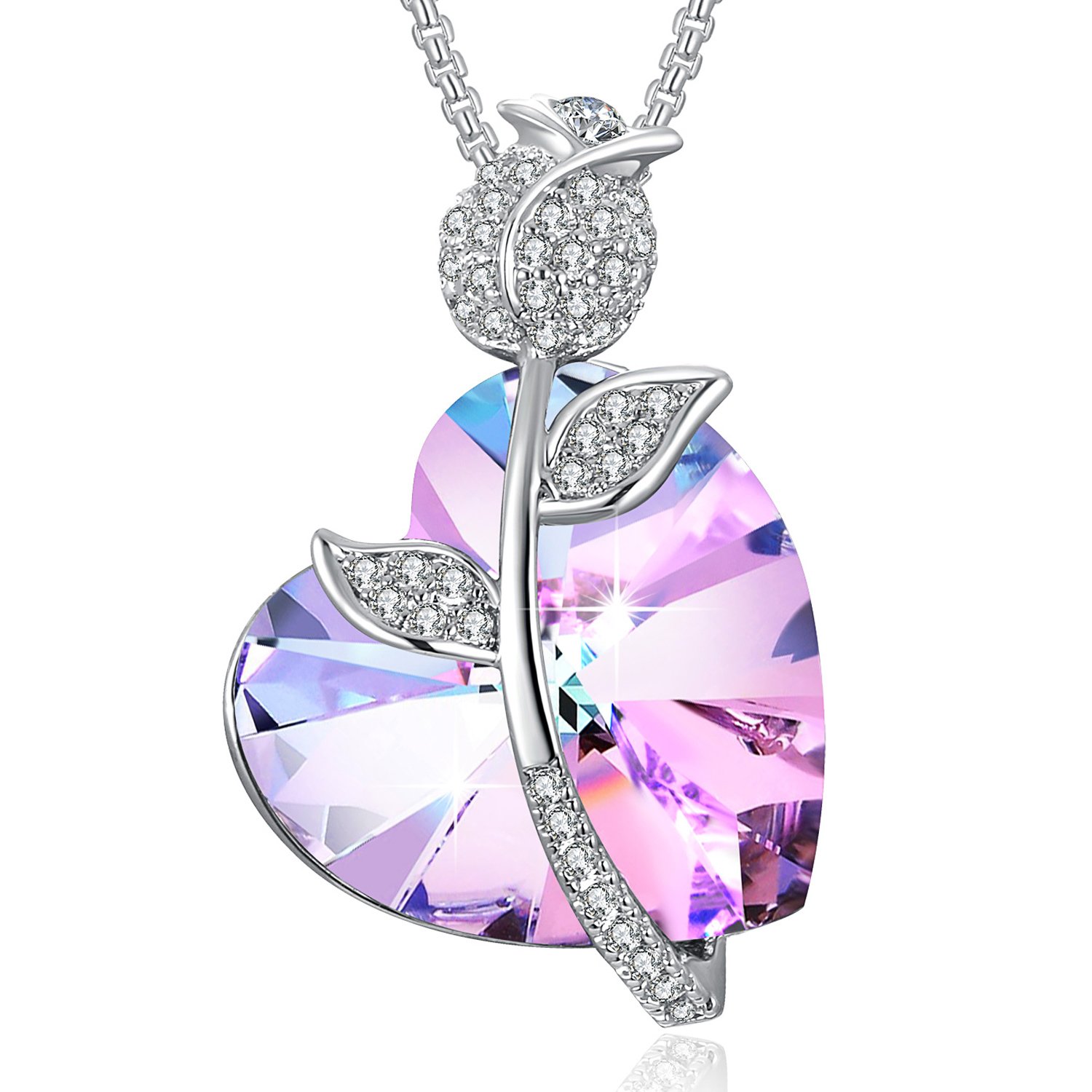 Swarovski Element Necklace Color Changing Crystal Rose Love Pendant Necklace for Women, Birthday Birthstone Jewelry Gifts for Girl, Amethyst Purple Pink, 18\