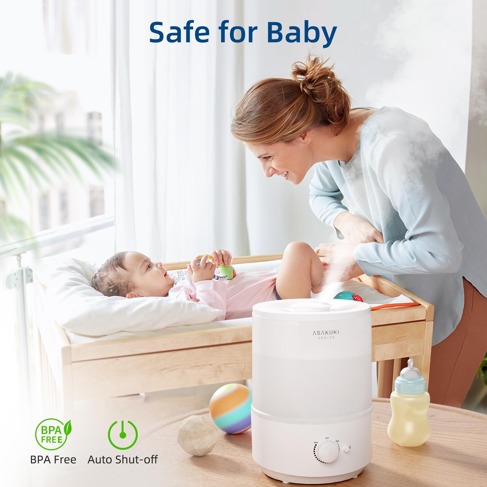 ASAKUKI Humidifiers for Bedroom, 3L Top Fill Cool Mist Air Humidifier & Aroma Diffuser with Night Light for Baby Nursery & Plants, Ultrasonic Quiet, Easy Clean, Auto Shut-Off, BPA Safe, 30H