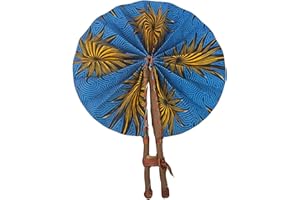 GhanaStuff Handmade African Ankara Fabric Handheld Portable Fan, Genuine Leather Handle, Made in Ghana (blue orange floral)