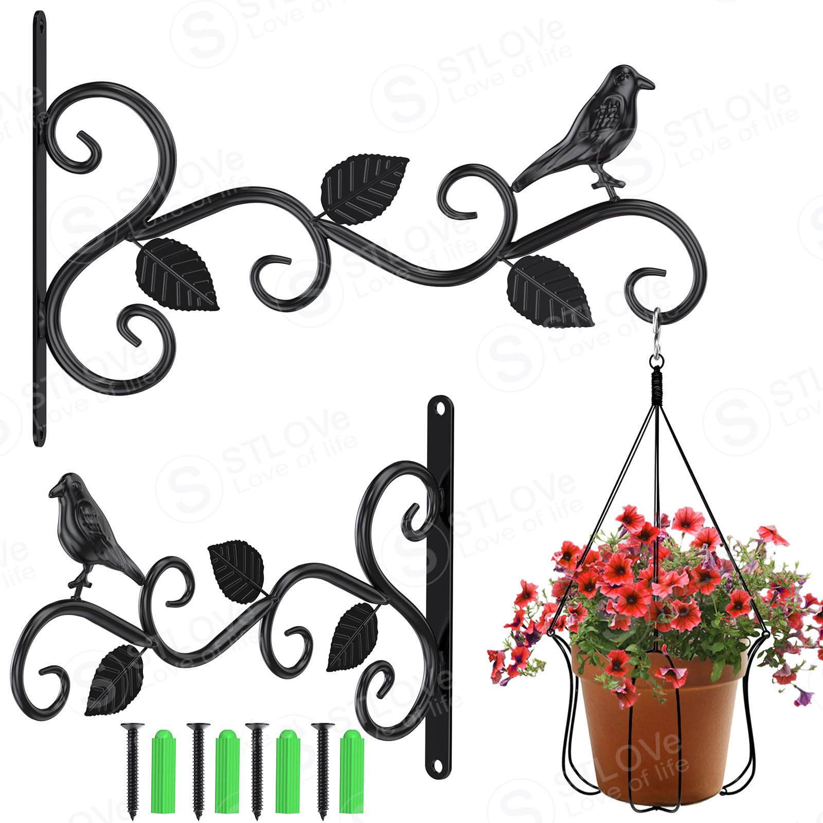 STLOVe Garden Hanging Basket, 2 Pack 6 in' Plant Hanger Wall Hooks, Heavy Duty Flower Basket Hook, Bird Feeder Hook, Wall Hanging Brackets Hooks for Bird Feeder, Wind Chime, Lights, Lanterns