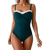 Aidonger One Piece Swimsuit Tummy Control Color Block Bathing Suits for Women Ruched Slimming Swim Suit Tie Back