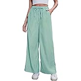 Scacto Women's Striped Wide Leg Pants with Pockets High Waist Drawstring Loose Trousers Palazzo Pants Green