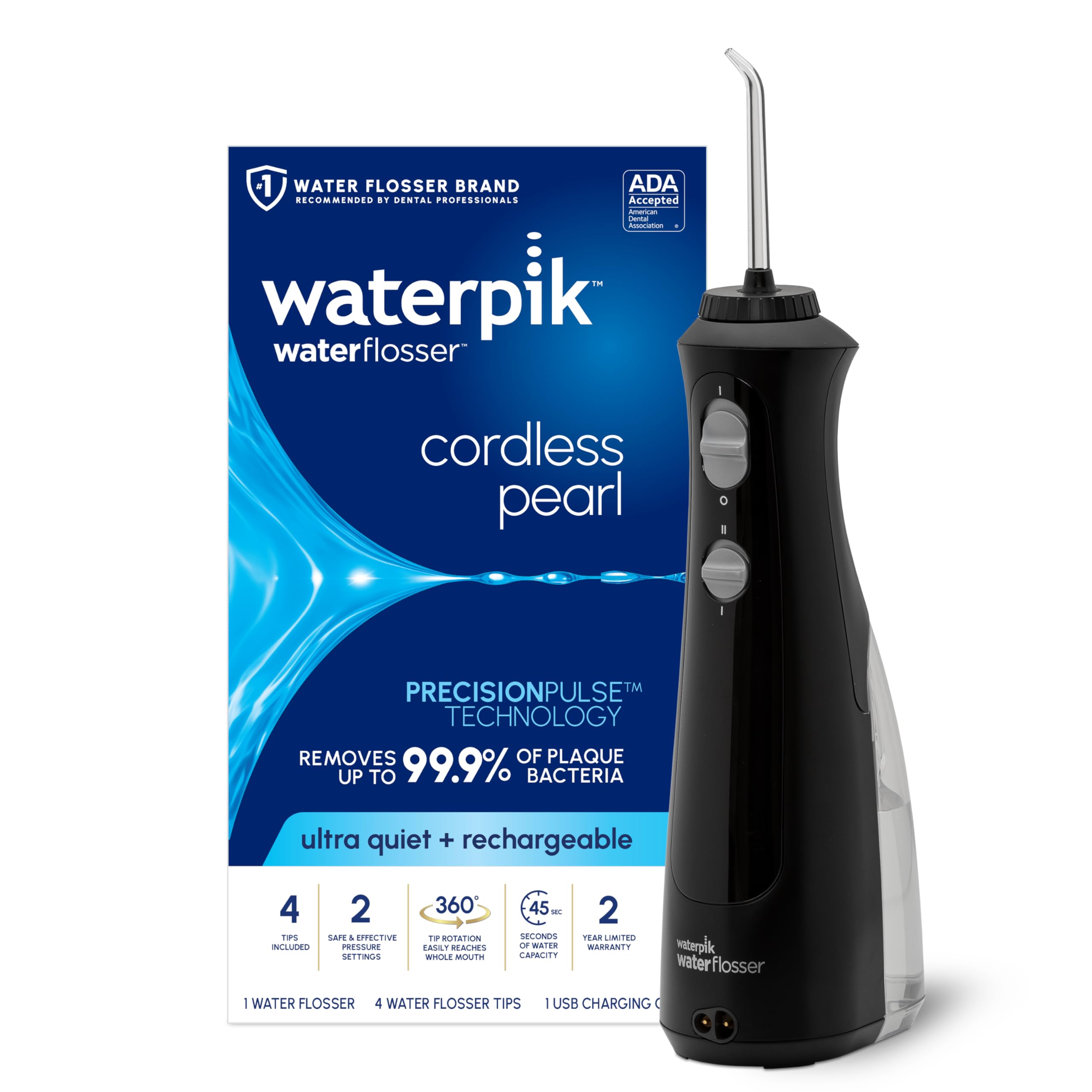 Photo 1 of Waterpik Cordless Pearl Rechargeable Portable Water Flosser for Teeth, Gums, Braces Care and Travel with 4 Flossing Tips - ADA Accepted, WF-13 Black, Packaging May Vary