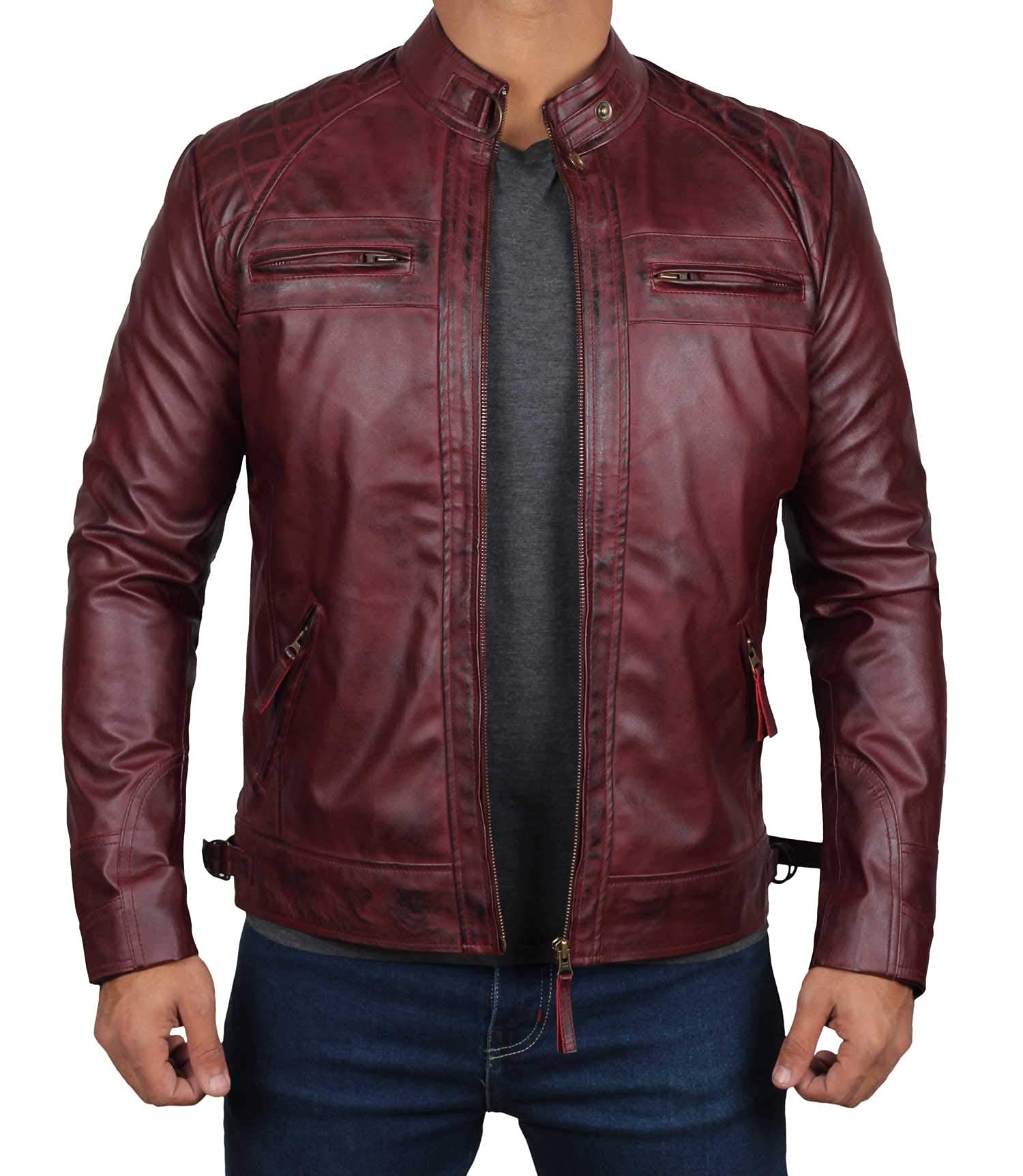 Photo 1 of fjackets Real Lambskin Leather Biker Jacket — Quilted Cafe Racer Zip Up Moto Leather Jacket Men | [1100104] Diamond1 Maroon, L
