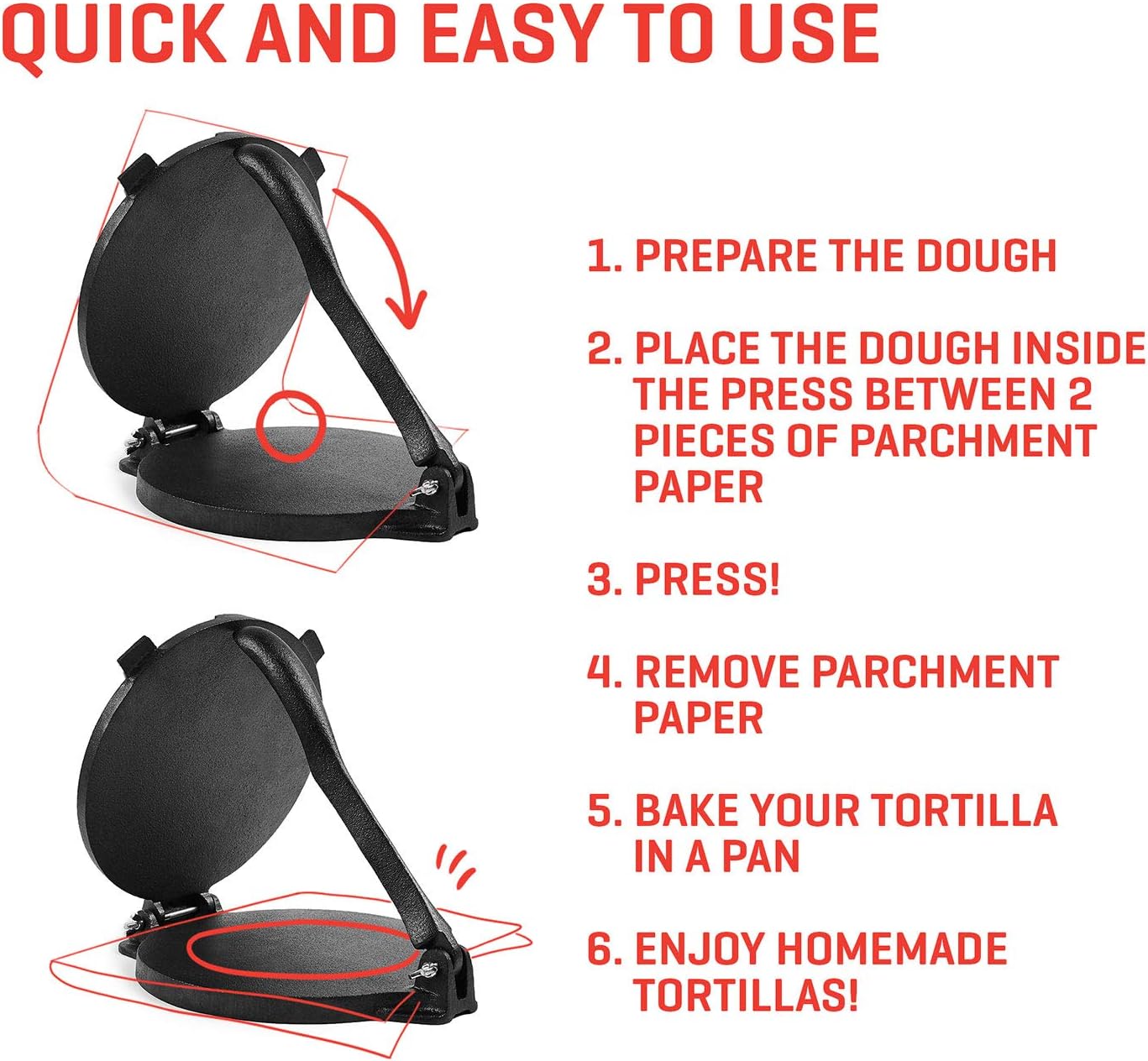 Uno Casa Tortilla Press Cast Iron, 8 Inch, Pre-Seasoned Tortilla Maker with 100 Pcs Parchment Paper - Image 4
