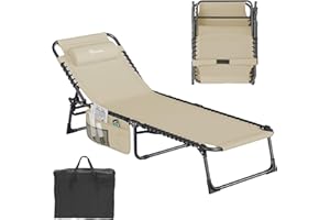 YITAHOME Patio Lounge Chair, Portable Reclining Chairse Lounge Folding Camping Cot 5 Posistion Adjustable w/Head Pillow & Portable Handbag for Camping, Pool, Beach and Patio, Beige