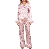 Kiluex Women's Christmas Pajama Set Santa Christmas Tree Print Loungewear Long Sleeve Feather Trim Shirts Pants