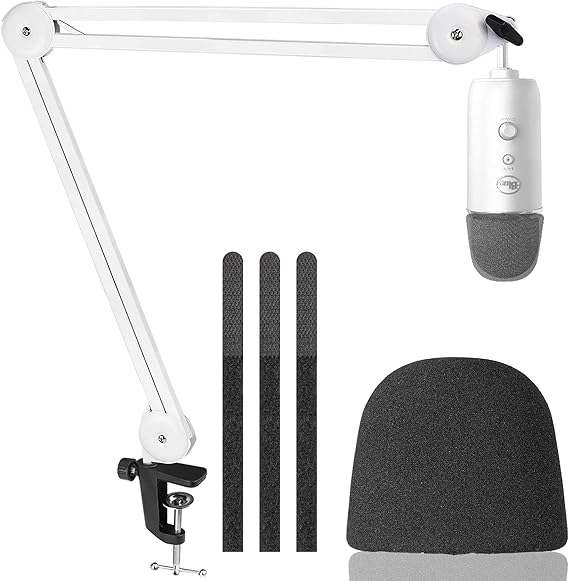 Blue Yeti Boom Arm Mic Stand (White) with Pop Filter Professional