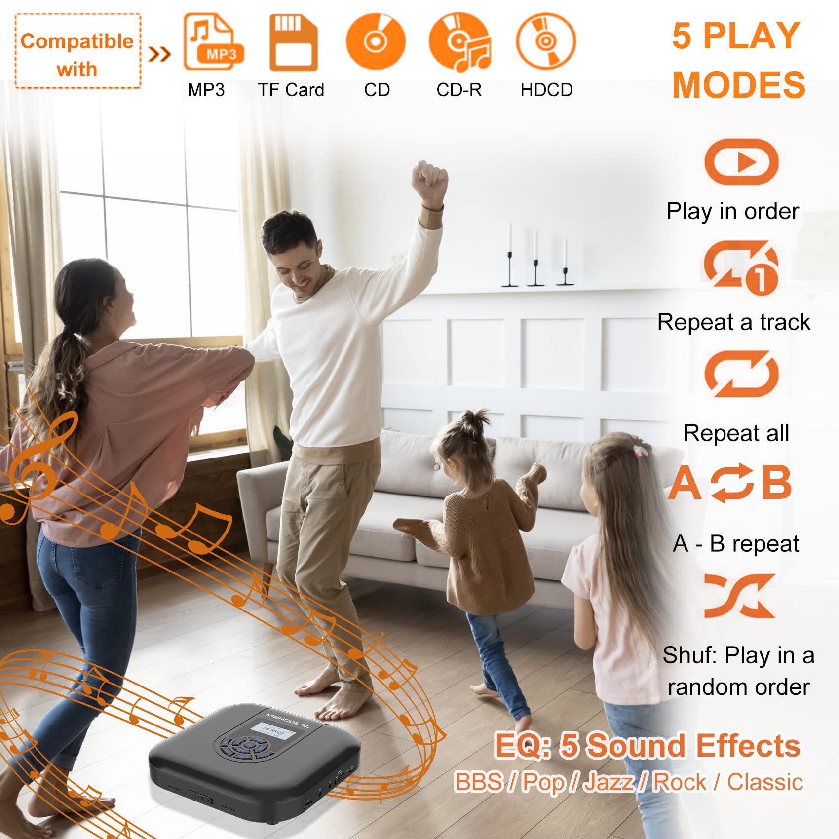 CD Player Portable, MONODEAL Bluetooth CD Player with Speakers and FM Transmitter, Rechargeable 1800mAh Player for Car and Home with LED Screen