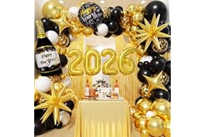 EICUECUE New Year Decorations 2026 - Different Size Black Gold White Balloons 2026 Number Balloons New Year Balloons Gold Fringe Curtain Backdrop for New Years Eve Prom Party Supplies Decorations 2026