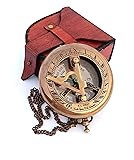 Brass Sundial Compass with Leather Case and Chain