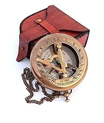 Brass Sundial Compass with Leather Case and Chain