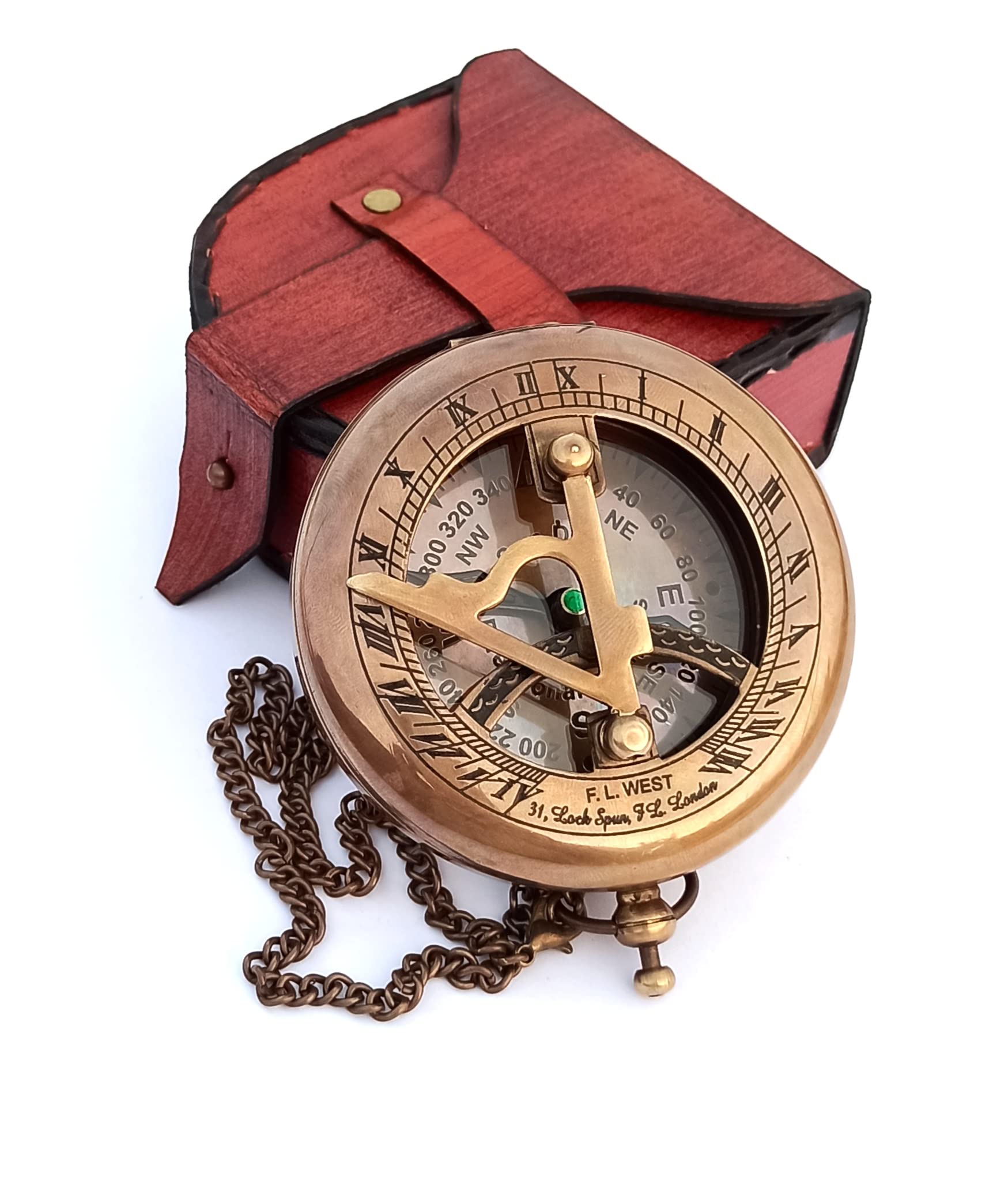 Brass Sundial Compass with Leather Case and Chain