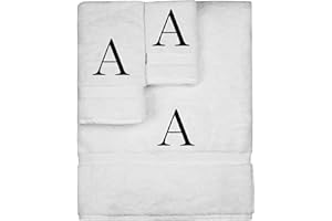 BC BARE COTTON Monogrammed Towel Set, Personalized Gift, Set of 3- Black Block Letter Embroidered Towel - Extra Absorbent 100% Turkish Cotton - Soft Terry Finish - Initial A White