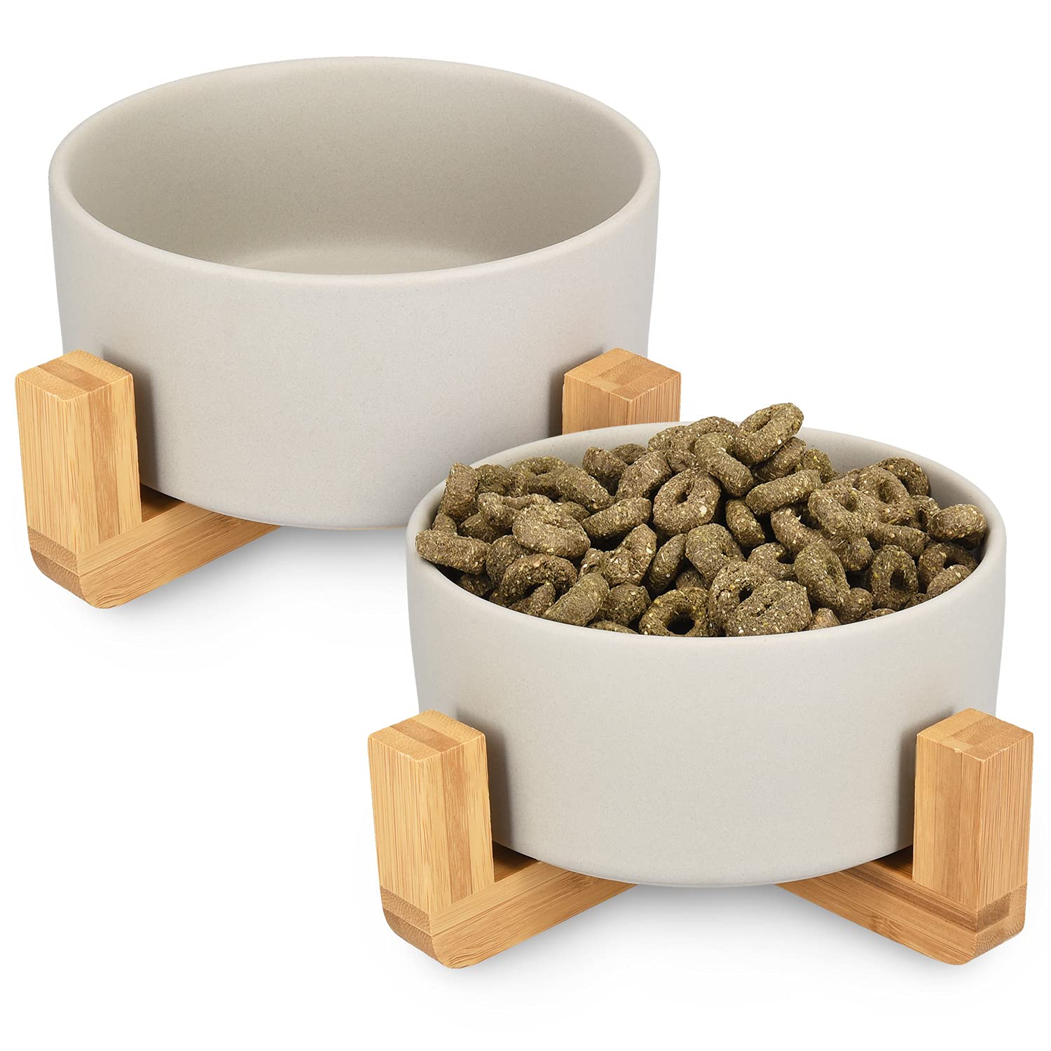 Navaris Ceramic Elevated Cat Bowls - Raised Double Food and Water Bowl Set for Cats and Small Dogs with Wood Stands - No Spill Pet Bowls - Grey