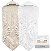 FAVERDIIY Newborn Hooded Baby Towels, 35x35 Inch 2 Pack 100% Muslin Cotton Baby Bath Towel, Soft Baby Beach Towels with Hood for Infants, Toddlers and Kids, (White + Beige)