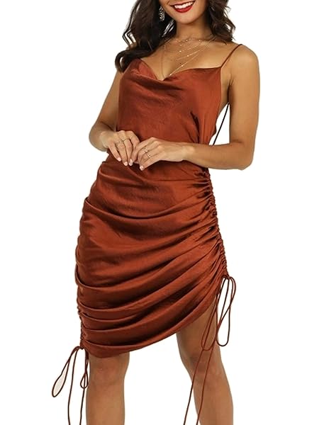 GMEITOEY SATIN JACQUARD COWL NECK STRING ALONG MINI DRESS SIDE RUCHED SILKY SLIP CAMISOLE DRESSES, ORANGE[NEW], X-LARGE