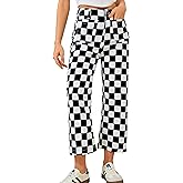 Odefou Cropped Jeans for Women Checkered Pants Casual High Waisted Stretchy Straight Leg Trousers with Pockets
