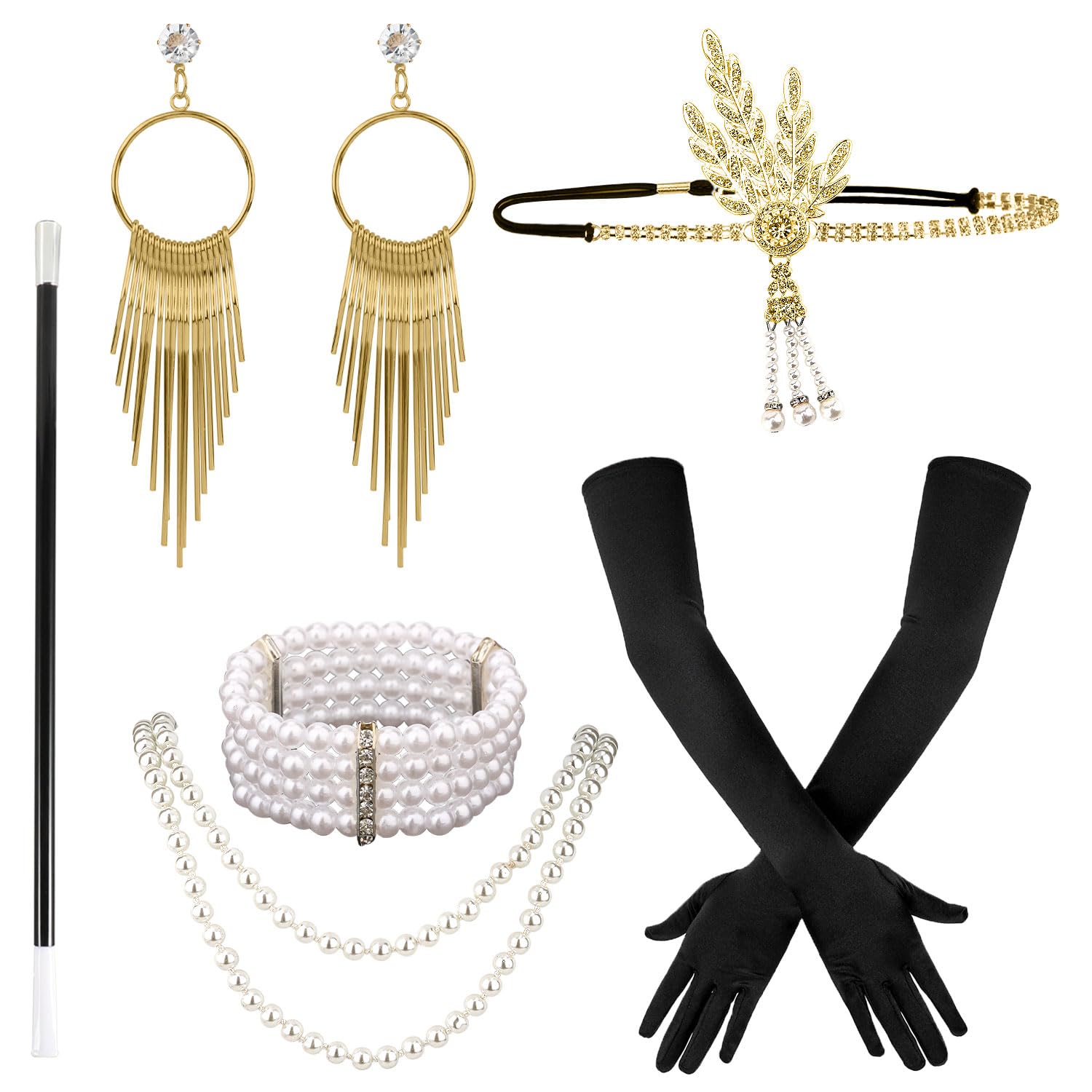 LUTER 8pcs 1920s Flapper Accessories Set, Gorgeous Roaring 20s Accessories Gatsby Costume Gloves Vintage Headband Pearl Necklace Bracelet Gold Earrings for Women Theme Party Supplies