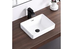 KARAMAG Small Bathroom Vessel Sink 15.5'' x 11.9'' Semi Recessed Bathroom Sink Rectangular Drop-in Vanity Sink with Overflow White Ceramic Modern Art Basin