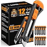 REXBETI 12-Pack Utility Knife, Retractable Box Cutter for Cartons, Cardboard and Boxes, 18mm Wider Razor Sharp Blade, Smooth Mechanism, Perfect for Office and Home use