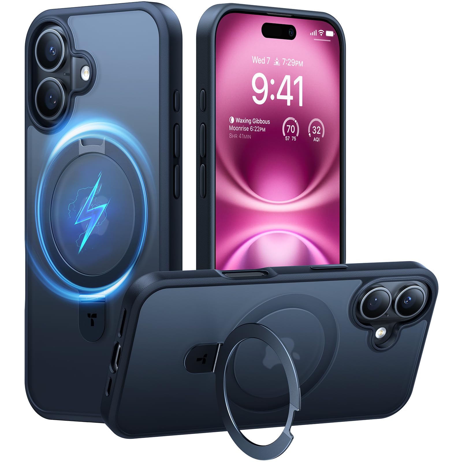 Photo 1 of TORRAS Magnetic for iPhone 16 Case with Stand, Built-in Stand Compatible with MagSafe, 3X Military-Grade Protection, Translucent Slim Phone Case for iPhone 16 6.1'', Matte Black